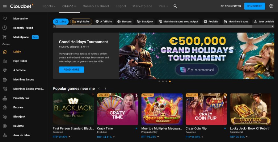 screenshot page d'accueil cloudbet casino